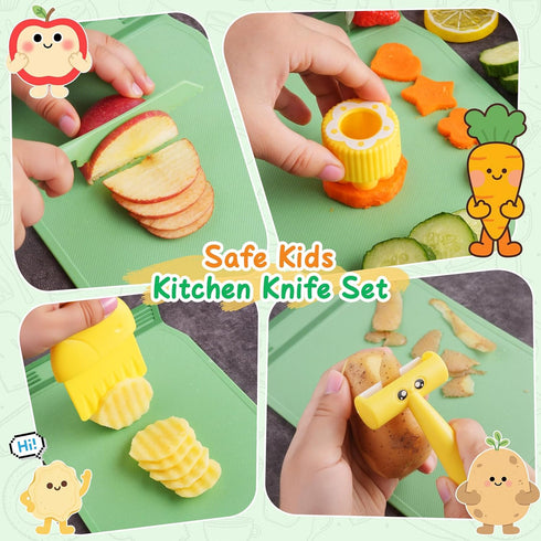Set 3 4 5 6 7 8 Kids Kitchen Knife for Real Cooking with Storage Box Green, Montessori Kitchen Toy with Cutting Board