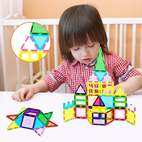 Everplay 61pc Magnet Tile Building Blocks - Magnetic Construction Toy with Car Base, Drawstring Carry Bag for Age 3+