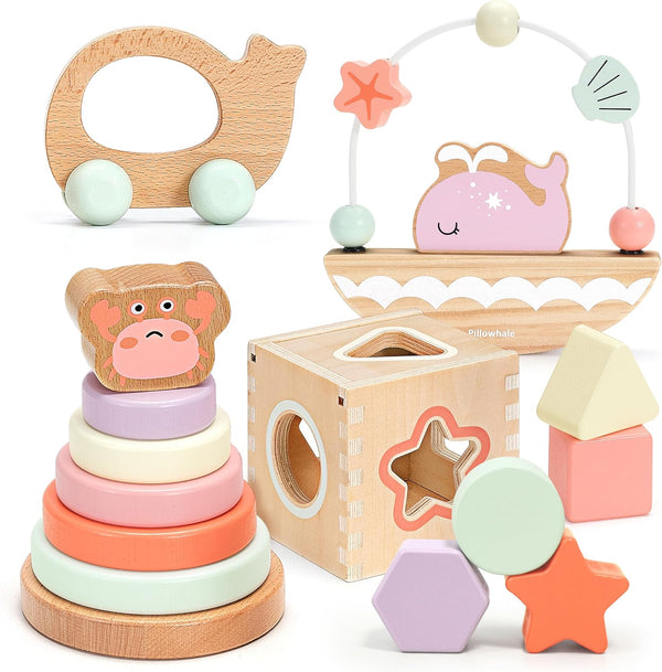 Pillowhale Montessori Wooden Toys Set for Toddlers 12M+ 4-in-1 Educational Toy with