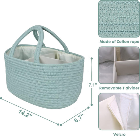 Portable Diaper Caddy Organizer for Baby, Cotton Rope Nursery Storage Bin, Light Green Tote Bag for Changing Table