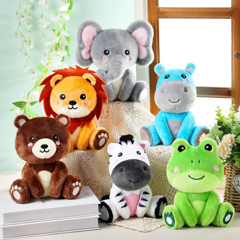 RoundFunny 6 7 Inch Pcs Forest Animals Toys Zebra Lion Hippo Bear Elephant Frog Large Stuffed Animals Bulk for Woodland
