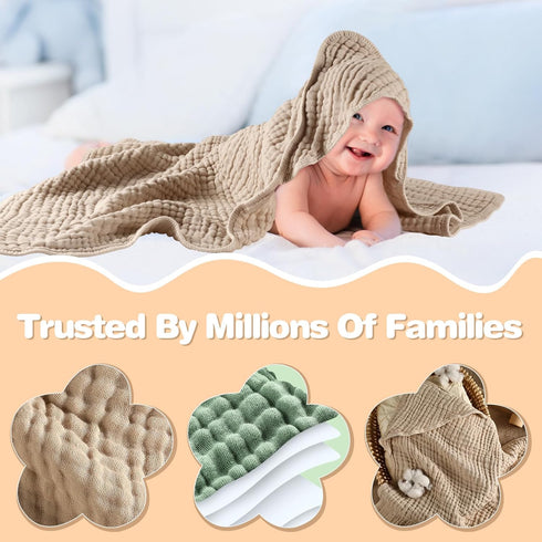 2-Pack, MUKIN Baby Hooded Towels, Muslin Cotton, for Newborn, Infant, Toddler and Kids (Dark Green,Khaki)