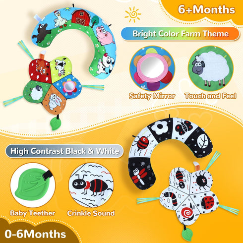 Tummy Tummy Tummy 0-12 Time Pillow, High Contrast Time Mat with Black & White Flash Cards, Double-Sided Time Cushion