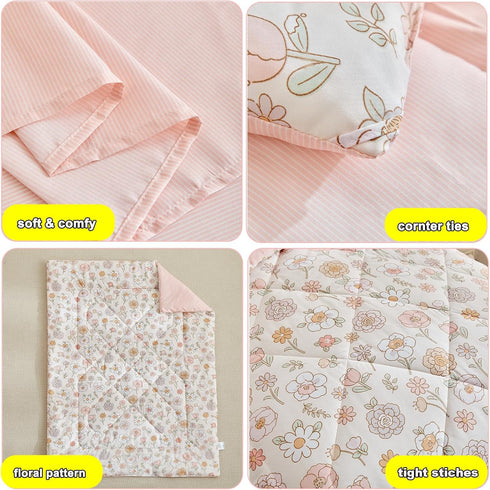 4 Set Set Set DuShow Floral Piece Girls Toddler Bed Comforter Pink Flower Reversible Toddler Bedding Soft Baby Crib Bed