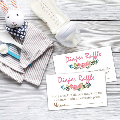 Pink Flowers Diaper Raffle Tickets - 50 Baby Shower Game Cards for Invitation Inserts