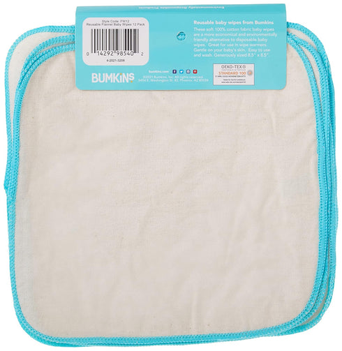 12 Count, Bumkins Reusable Flannel Baby Wipes, Natural