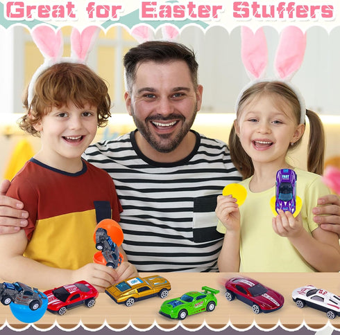 NEUBSAW 16 Packs Easter Eggs with Die-cast Cars for Boys, Prefilled Easter Eggs for Kids Toddlers Easter Basket