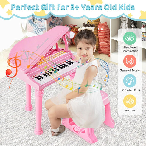 31 Costzon Kids Piano, Key Mini Grand Piano Toy Keyboard with Microphone, Stool & Lights, Portable Electronic Piano