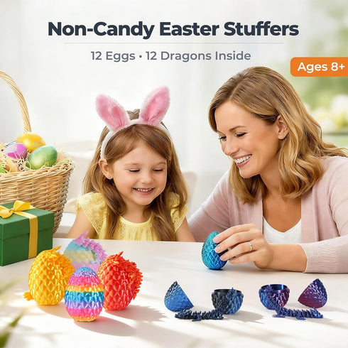 MiniMythos Toys 12 Pack 3D Set, Printed Dragon Eggs with Dragons Inside, Mini Articulated Crystal Dragon Figures