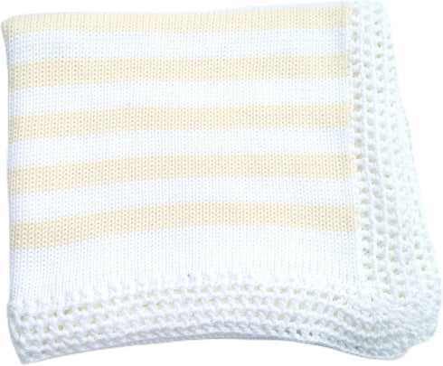 BUBU Knitted Hand Crochet Finished White Cotton Pink Stripes Baby Blanket