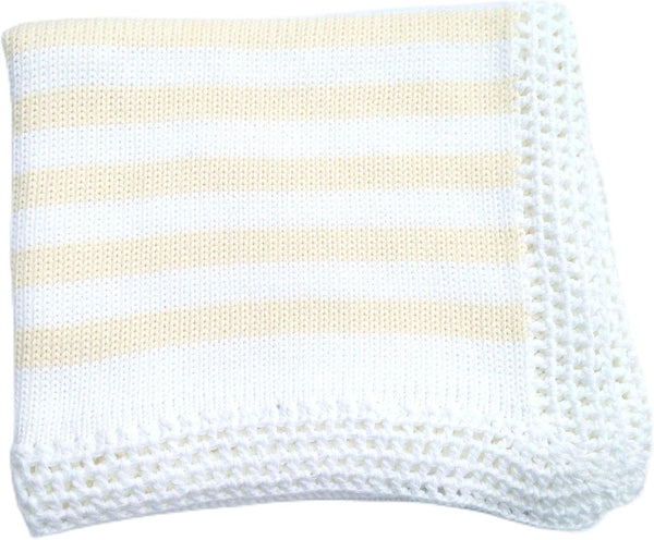 BUBU Knitted Hand Crochet Finished White Cotton Pink Stripes Baby Blanket