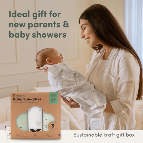 3-Pack 0-3 Sweety Fox Organic Baby Swaddles - Swaddles for Newborns, Infant Months, Baby Girls, Boys, Soft & Snug