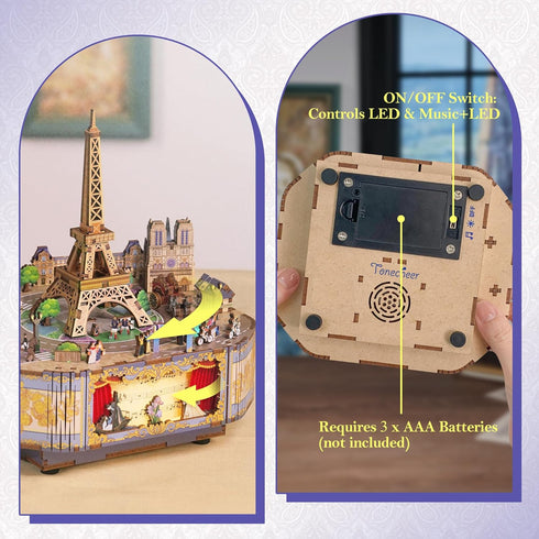 Tonecheer Wooden Music Box Puzzle for Adults, DIY Rotating Music Box Kit, Romantic Paris