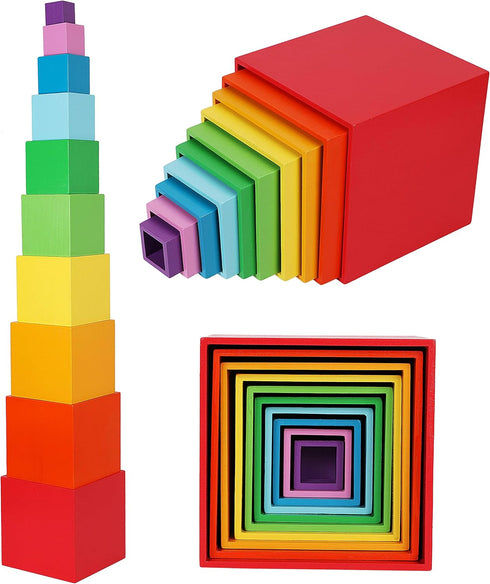 TOWO Wooden Stacking Boxes Rainbow Colours-Nesting and Sorting Cups Blocks for Toddlers-Stacking