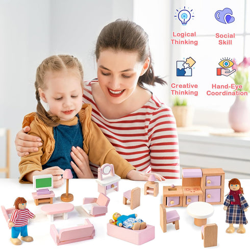 Set 4 26 4 3+ Kizfarm Wooden Dollhouse Furniture with Family Dolls, Pcs Pretend Play Dollhouse Accessories for Rooms