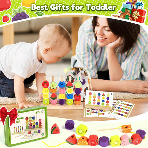 2 3 4 2-5 Montessori Wooden Beads Stacking Toys: Year Old Boys Girls Birthday Gifts - Toddler Sequence Game & Sorting