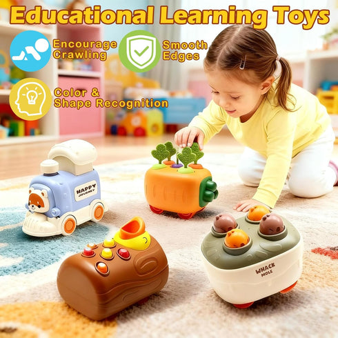 Set Press and Go Car Toys, Kids Train with Whack-A-Mole, Woodpecker Worm, Carrot Harvest Game, Car Racing Trucks