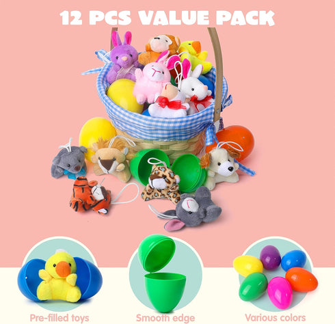 JOYIN 12 Pcs Mini Stuffed Animal Plush Toys, Prefilled Easter Eggs for Kids Egg Hunt & Party Favors