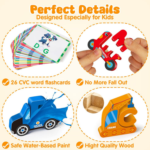52 Vanmor Wooden Vehicle Alphabet Puzzle for Toddlers, Traffic ABC Letter Sight Words Matching Game with Blocks