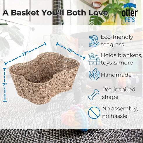 OtterPets (17x13 Dog Toy Basket, Bone Shaped Dog Toy Bin, Handmade Pet Organizer And Storage, Toy Box for Cats