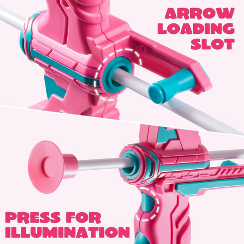 Set Set 9 3-12 JOYIN Pink Bow and Arrow for Girls, LED Light Up Archery Toy with Suction Cup Arrows, Target & Arrow