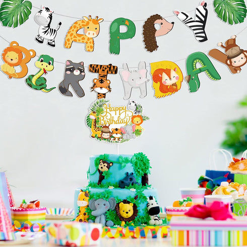 Clabby 2 Pieces Happy Birthday Banner Cupcake Topper Safari Animals Jungle Theme Party Supplies Baby Shower Decorations