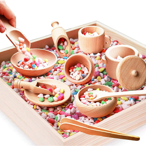 12 Pcs Wooden Sensory Bin Tools, 1 Wooden Box + 11 Sensory Tools for Toddlers, Montessori Learning Toys