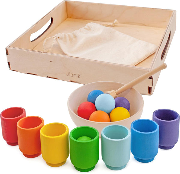 Ulanik Rainbow Balls in Cups, Toddler Montessori Toys for 1+ Year Old Kids, Wooden Matching Game for Learning