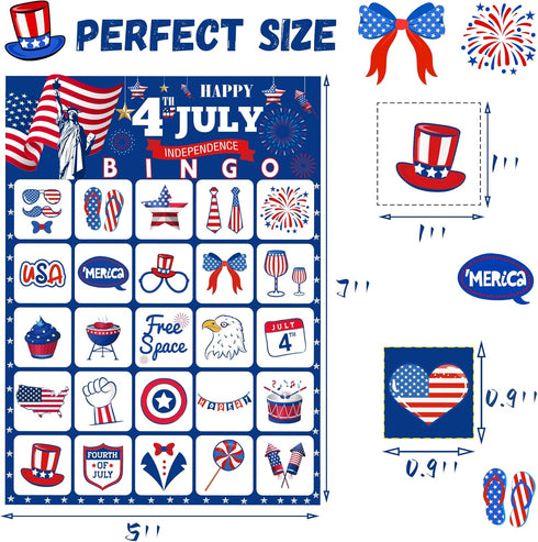 4th of July Games for Kids 4th of July Bingo Cards Red White and Blue Bingo with 24PCS 4th of July Players Cards Patriotic Games for Adults Children Activities Supplies Favors Decorations