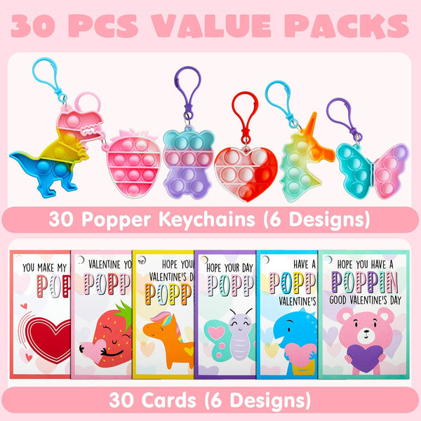30 Packs JOYIN Valentine's Day Gift Cards with Pop Fidget Keychain Toys, Stress Anxiety Relief Fidget Toys with Cards
