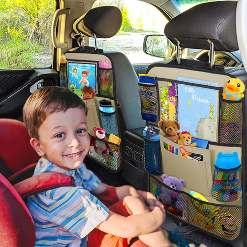 ULEEKA 11" 10 2 Pack, Car Backseat Organizer with Table Holder, Storage Pockets Seat Back Protectors Kick Mats for Kids