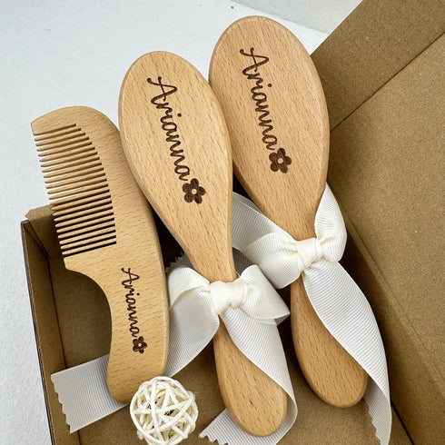 BMVDD Set, 3Pcs Custom Engraved Wooden Baby Hairbrush Natural Comb with Logo, Shower Favor, Newborns Toddler Grooming