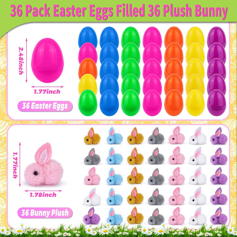36 Pack Easter Eggs Fillers with Bunny Plush, Easter Basket Stuffers with Toys Inside Filled Mini Stuffed Animals