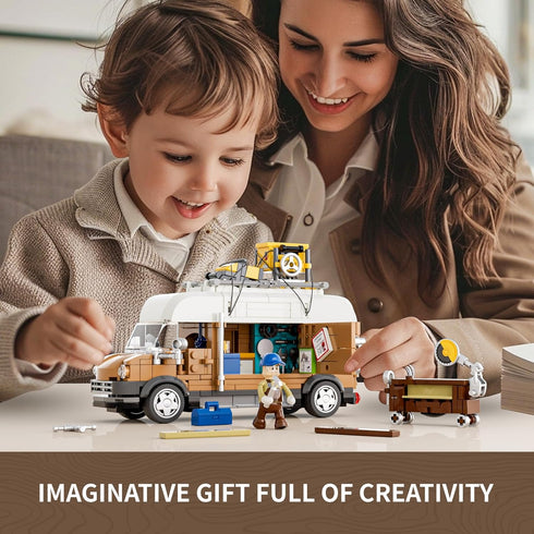 FUNWHOLE Carpentry Van Lighting Building-Bricks Set, 496 Pcs Farm Woodworker Car Collectible Display for Adults