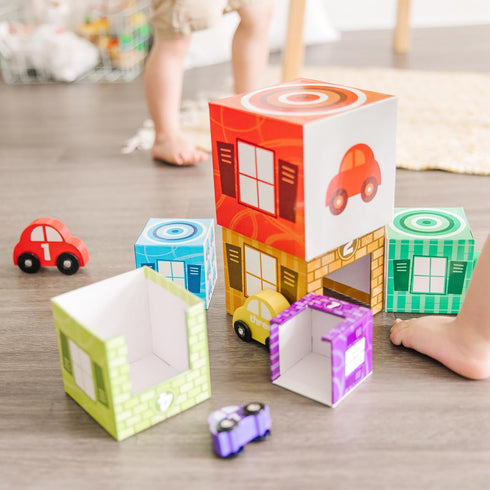 Melissa & Doug Nesting and Sorting Garages and Cars, 7 Graduated Garages and 7 Stackable Wooden Cars