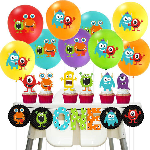 Cartoon Monster Theme First Birthday Party Decorations - Banner, Balloons, Cupcake Toppers for Boys Bday