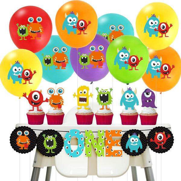 Cartoon Monster Theme First Birthday Party Decorations - Banner, Balloons, Cupcake Toppers for Boys Bday