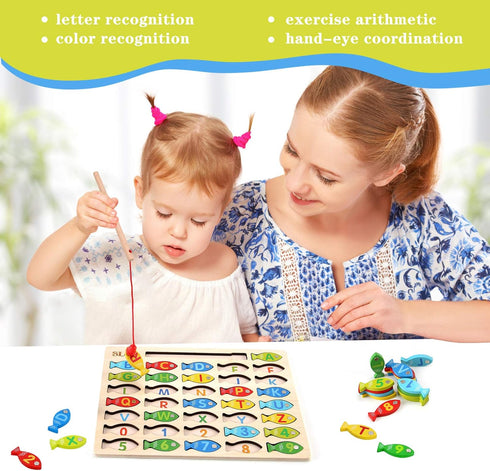 Magnetic Wooden Fishing Game Toy for Toddlers, Alphabet ABC Fish Catching Counting Learning Education Toys