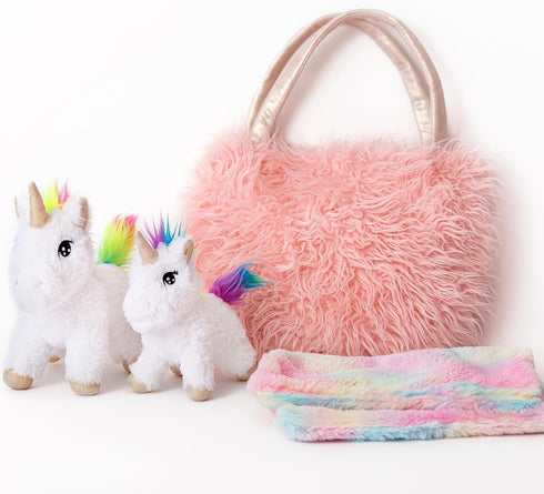 Perfectto Design Unicorn Toy for Girls Age 3-10; 4 PCS Set with Stuffed Animals and Doll Blanket