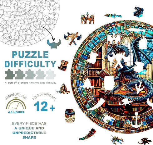 13.4 13.4in 300pcs Wooden Puzzles for Adults - The Dragon's Library Wooden Jigsaw Puzzle, Unique Animal Shaped Wood
