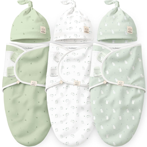 KeaBabies 3-Pack Swaddles for Newborns, Girls, Boys with Hats - Organic Soft