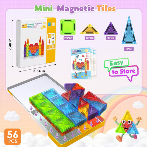 Magnetopia 56 Set 3+, Mini Magnetic Tiles with Iron Box, PCS Travel Magnetic Tiles, STEM Educational Building