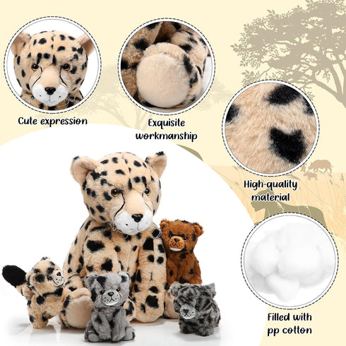 5 Set Mommy 4 Tummy Silipull Pcs Cheetah Stuffed Animals Large Cheetah Plush with Soft Cuddly Baby Cubs in Her for Boys