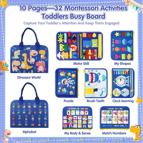 Busy Board Montessori Toys for 1-6 Years Old - Sensory Learning Toys with 10 Pages and 32 Activities for Toddlers
