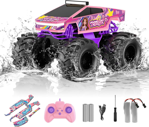 Amphibious Remote Control Car, 1:18 Pink Monster Truck Toys for Girls RC