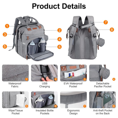 Shengmeister Backpack Baby Diaper Bag, with Changing Table, Unisex Baby Bag, with Diaper Pad, USB Charging Port