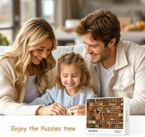RECHIATO 1000+ Cats Library Jigsaw Puzzle, Piece Funny Kitten Bookshelf Puzzles, Challenging Animal Pet Lover Gifts