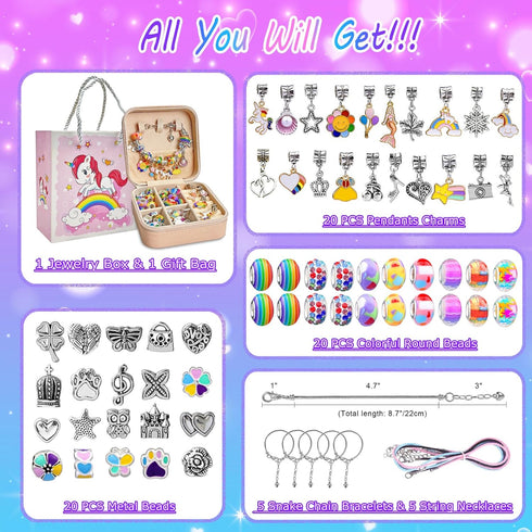Charm Bracelet Making Kit for Girls 8-12, DIY Bead Jewelry Kit with Box, Unicorn Mermaid Arts and Crafts