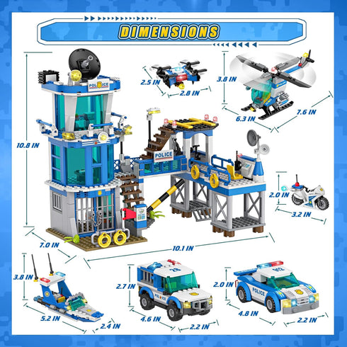 WishaLife City Police Station Toy Building Set - Police Car, Helicopter, Boat, Prison, Fun Gift for Kids 6+