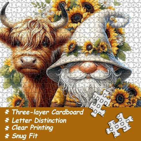 PICKFORU 1000 Highland Cow Gnome Puzzles for Adults Pieces, Nature Sunflower and Cow Puzzles, Animal Plant Floral